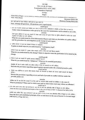 Bilaspur University Question Paper July 2022:B.A. L.L.B. (IV Sem.) Law Of Crimes II (Criminal Procedure Code, Juvenile Act and Probation Of Offender Act) Paper 1