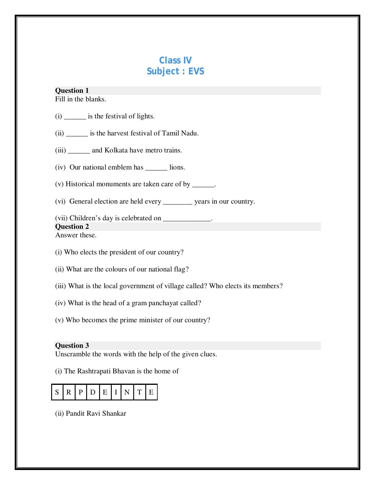 Worksheet for Class 4 Environmental Studies Assignment 2 - Page 1