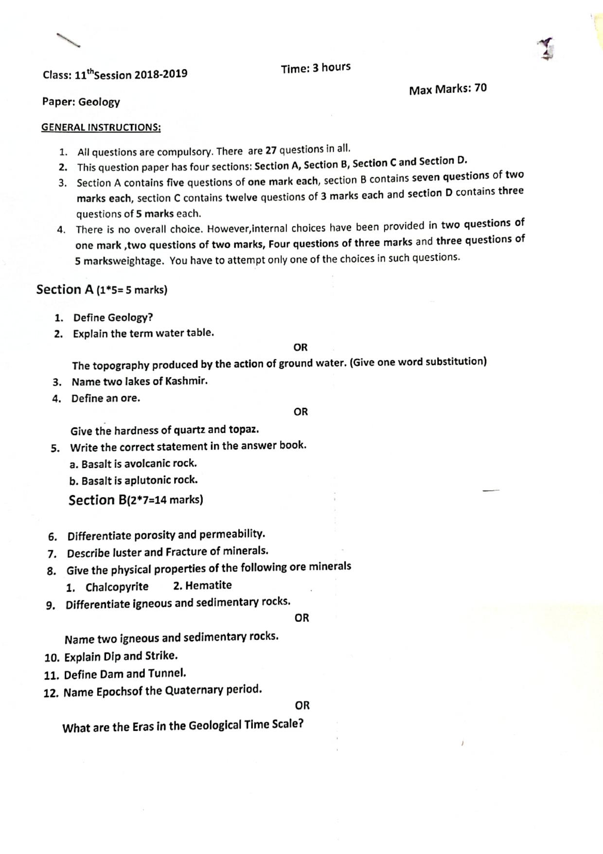 JKBOSE Class 11 Geology Model Question Paper - Page 1