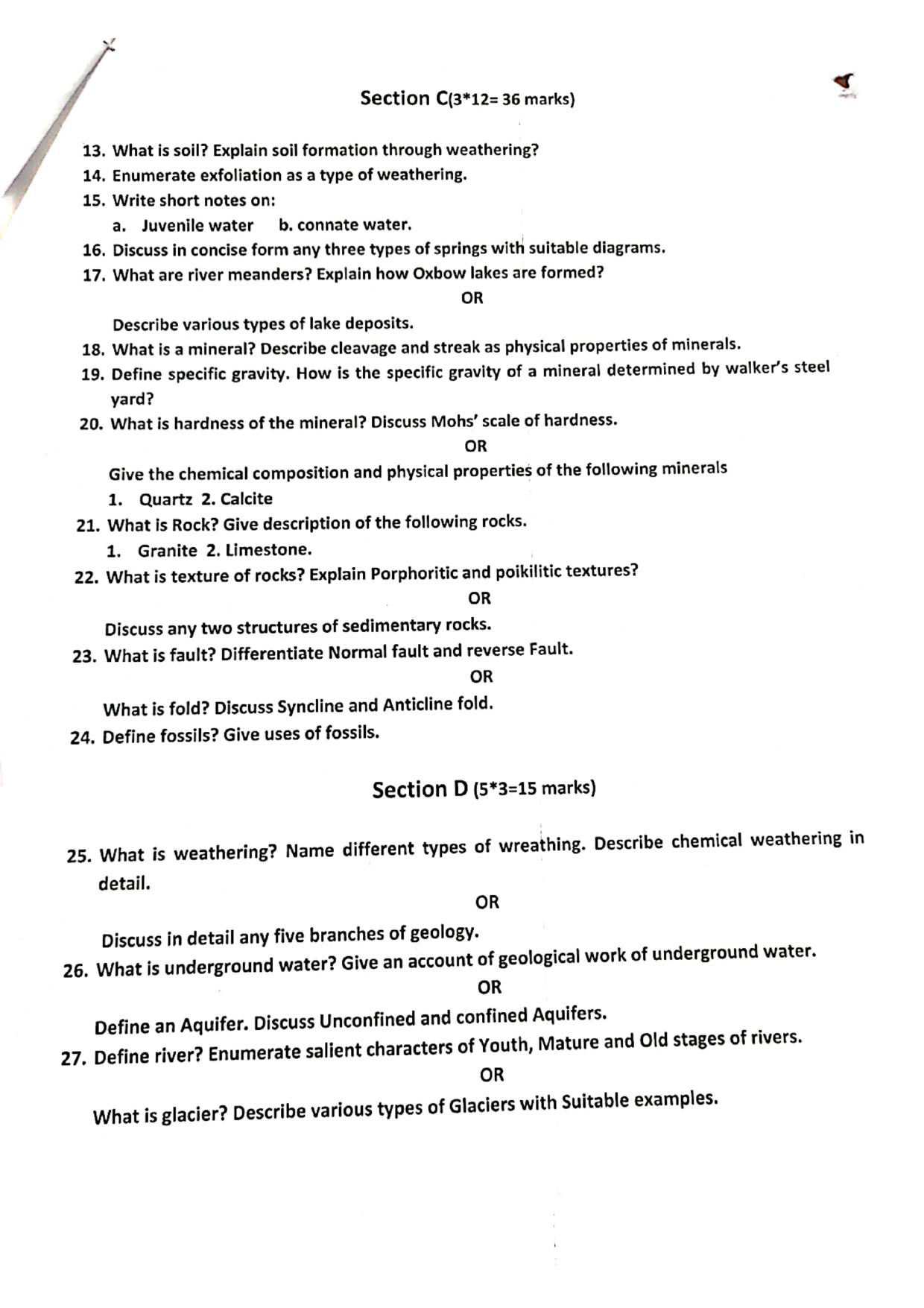 JKBOSE Class 11 Geology Model Question Paper - Page 2