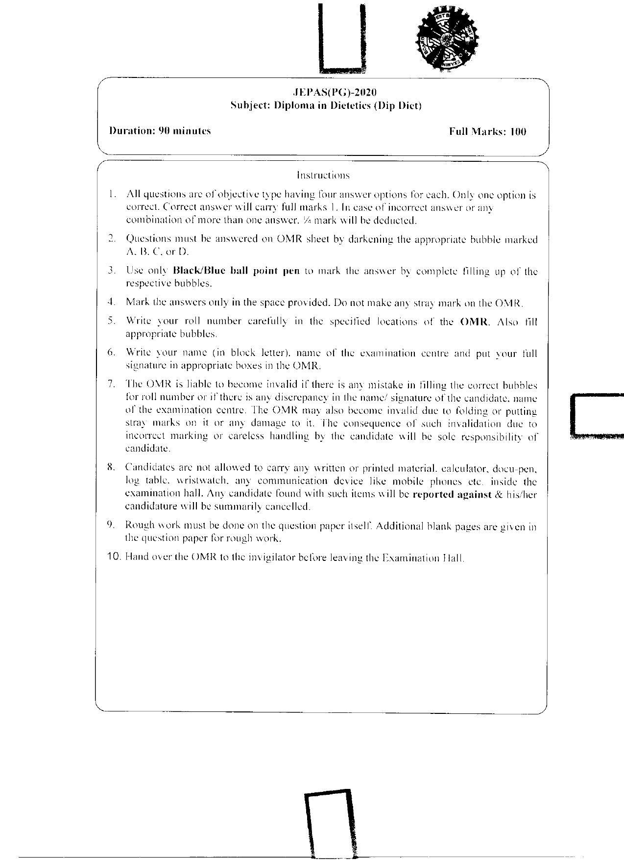 WBJEEB JEMAS (PG) 2020 Dip Diet Question Paper - Page 1