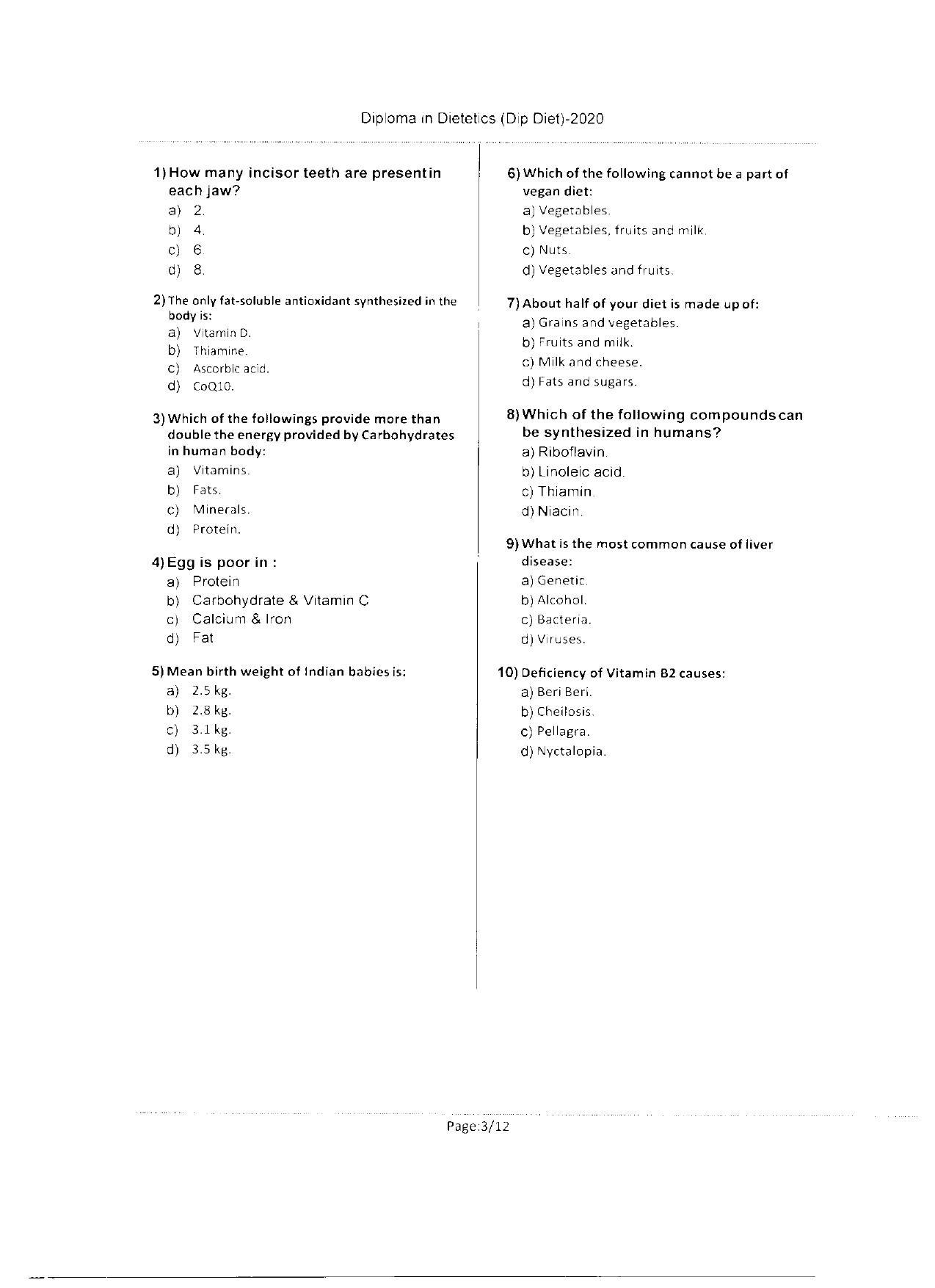 WBJEEB JEMAS (PG) 2020 Dip Diet Question Paper - Page 3