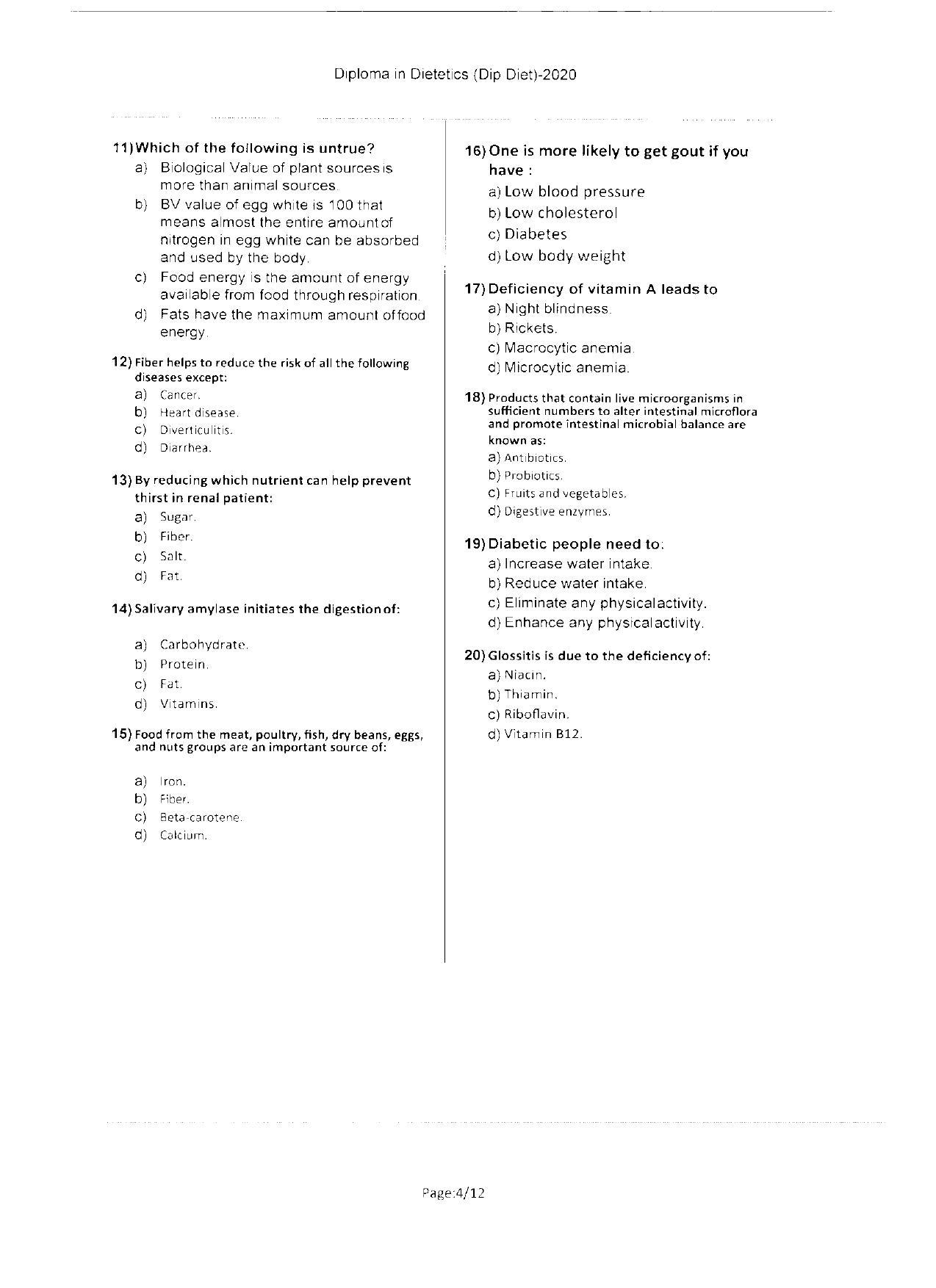 WBJEEB JEMAS (PG) 2020 Dip Diet Question Paper - Page 4