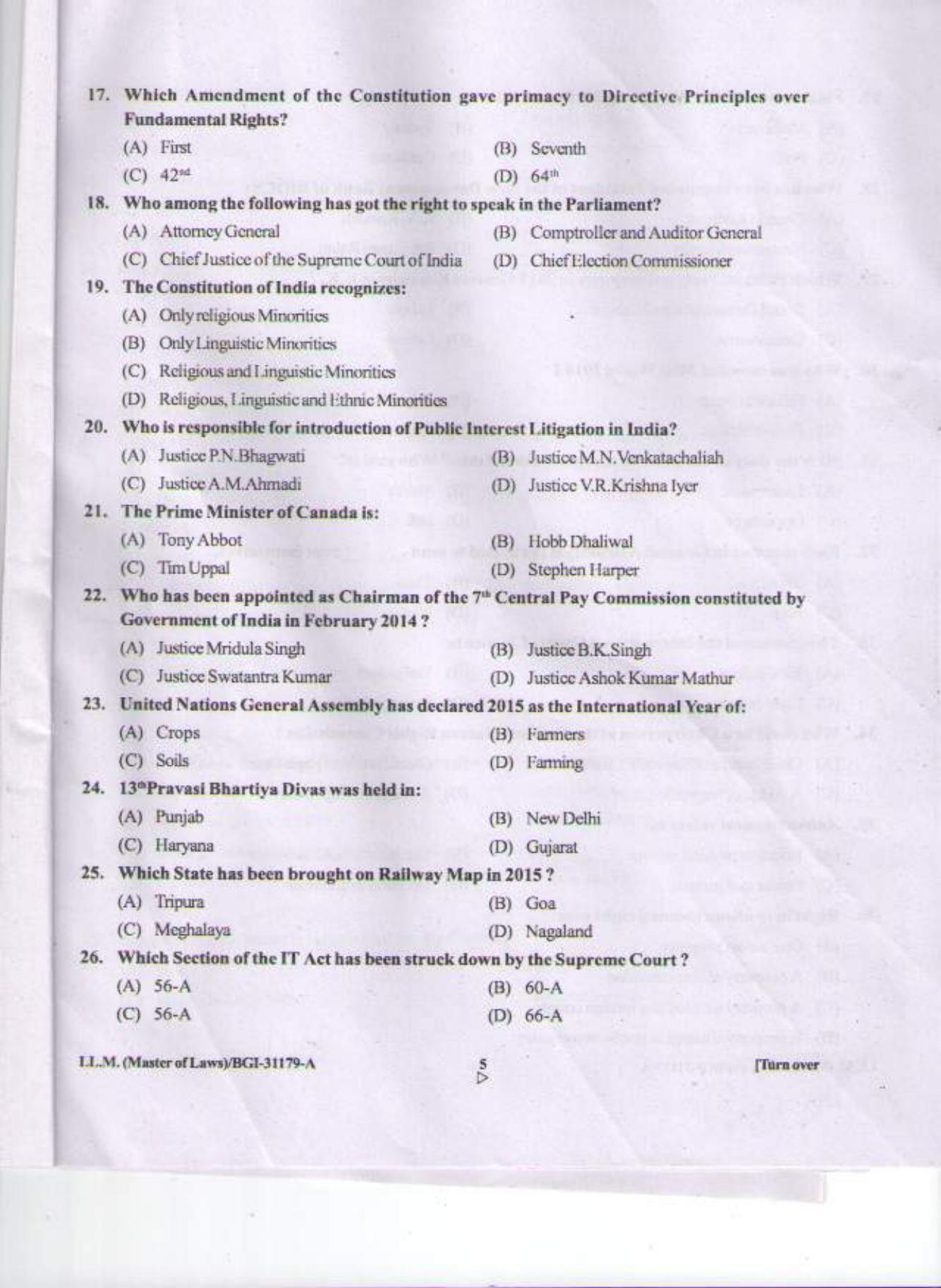 PU CET PG 2015: LLM Question Paper - Page 4