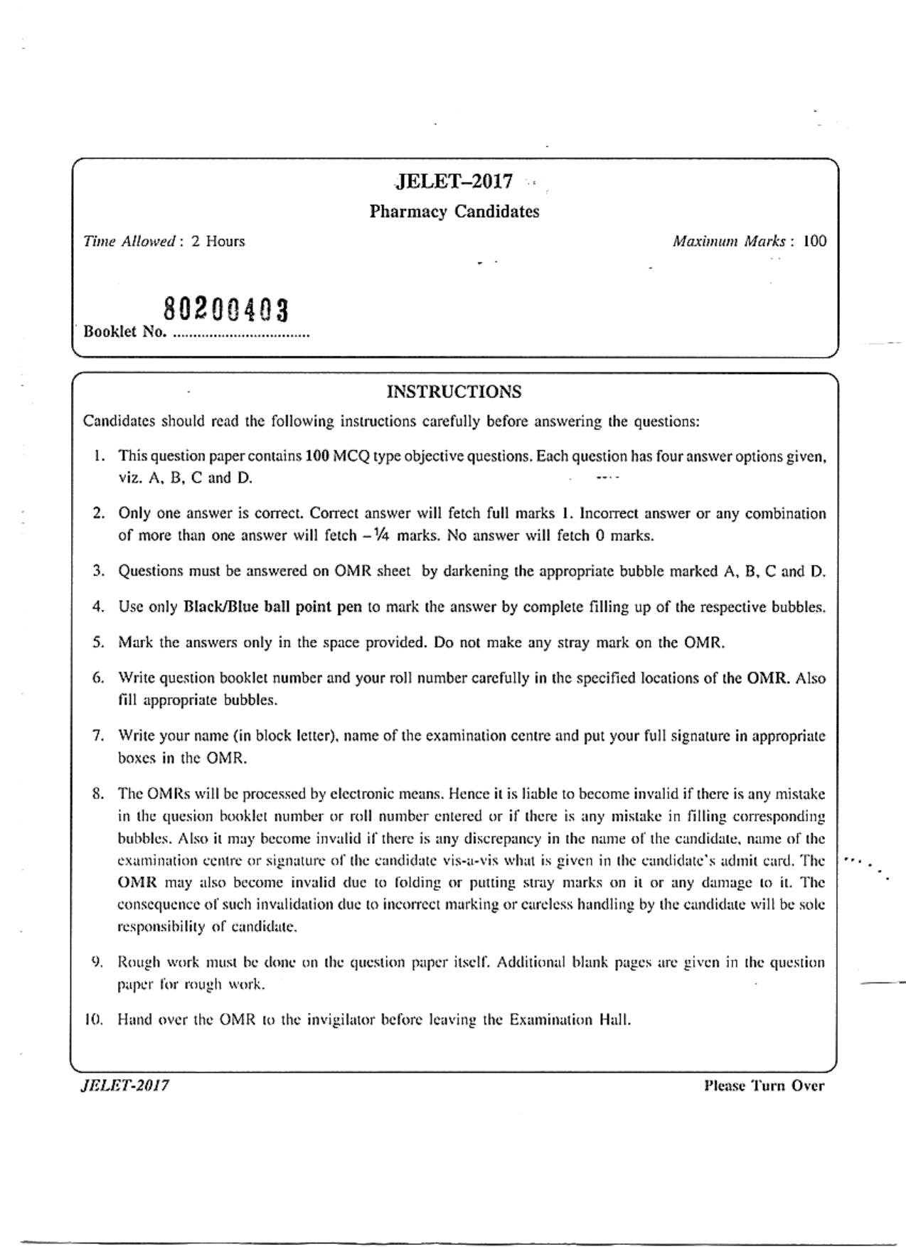 WBJEE  JELET 2017 ( Pharmacy ) - Page 1