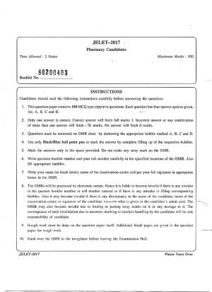 WBJEE  JELET 2017 ( Pharmacy )