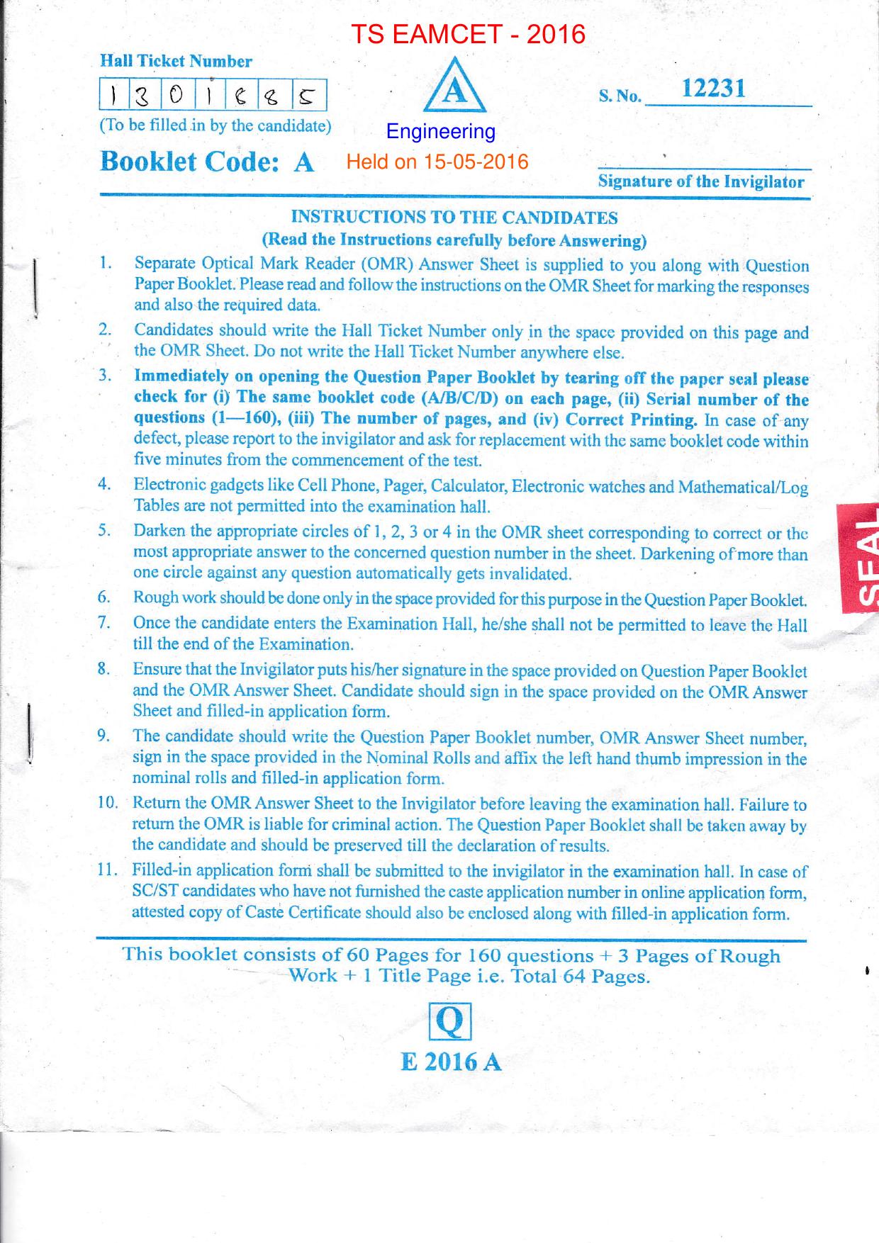 TS EAMCET 2016 Question Paper - Engineering - Page 1