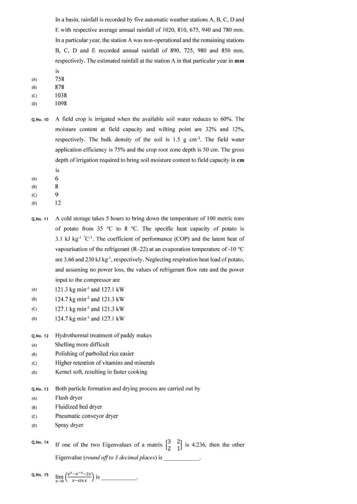 GATE 2020 Agricultural Engineering (AG) Question Paper - Page 5