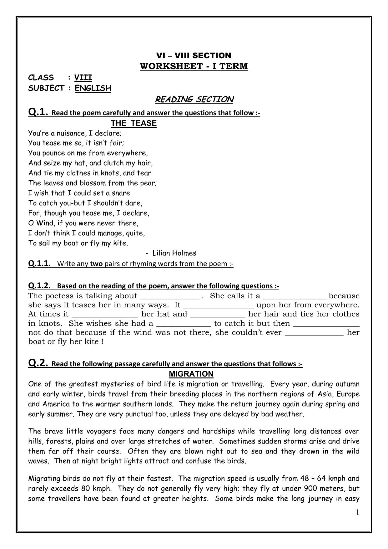 CBSE Worksheets for Class 8 English Assignment 8 - Page 1