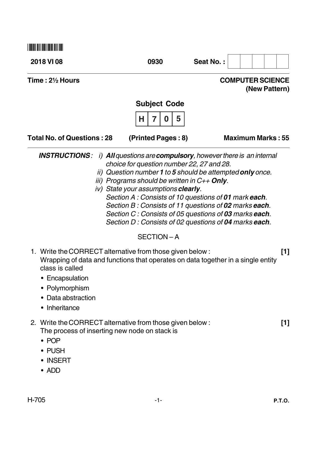 Goa Board Class 12 Computer Science  705 New Pattern Paper 2 (June 2018) Question Paper - Page 1
