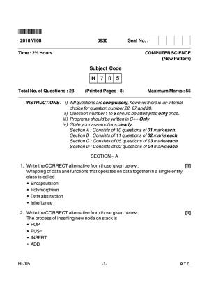 Goa Board Class 12 Computer Science  705 New Pattern Paper 2 (June 2018) Question Paper