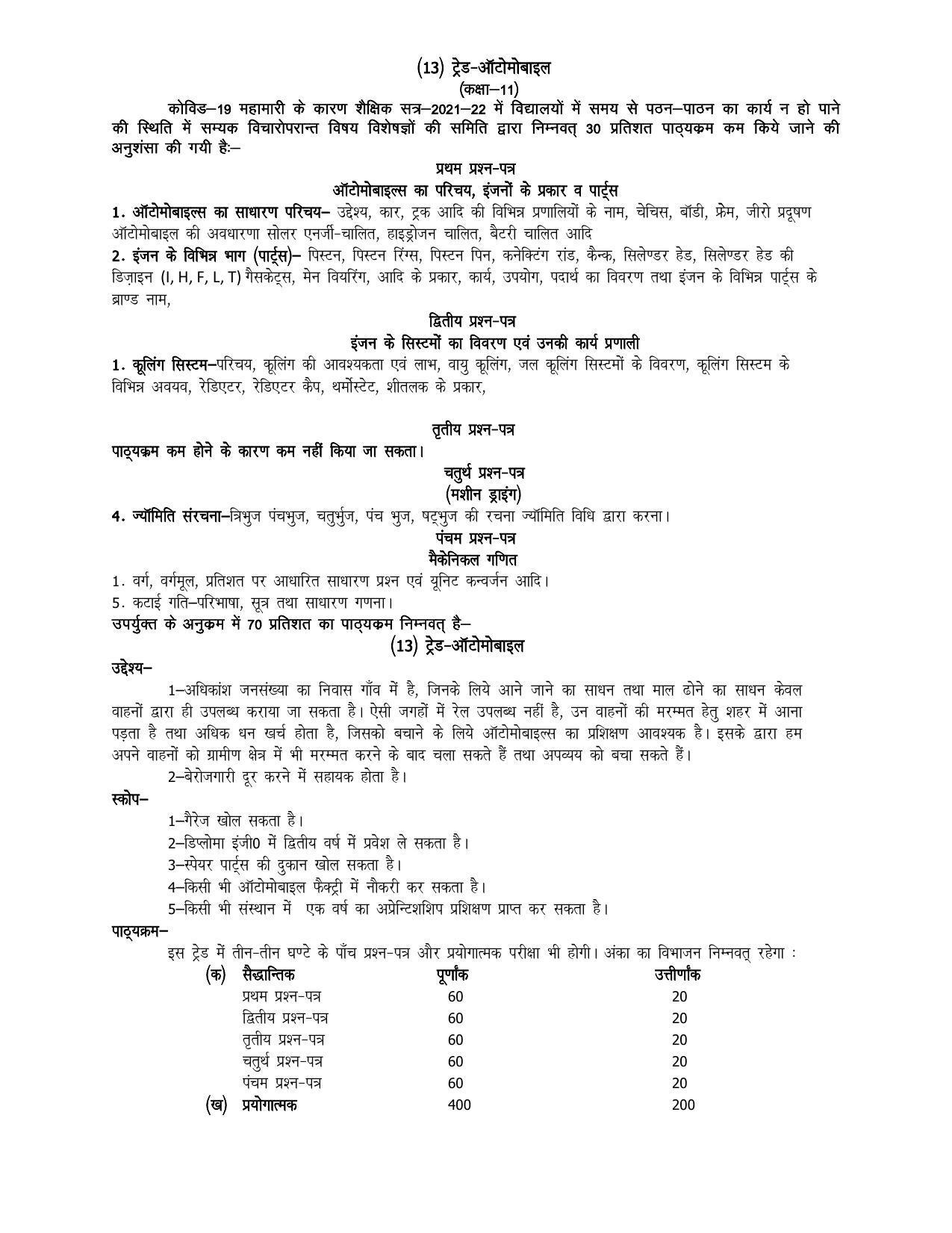 UP Board 11th Syllabus Trade-13 Automobile - Page 1
