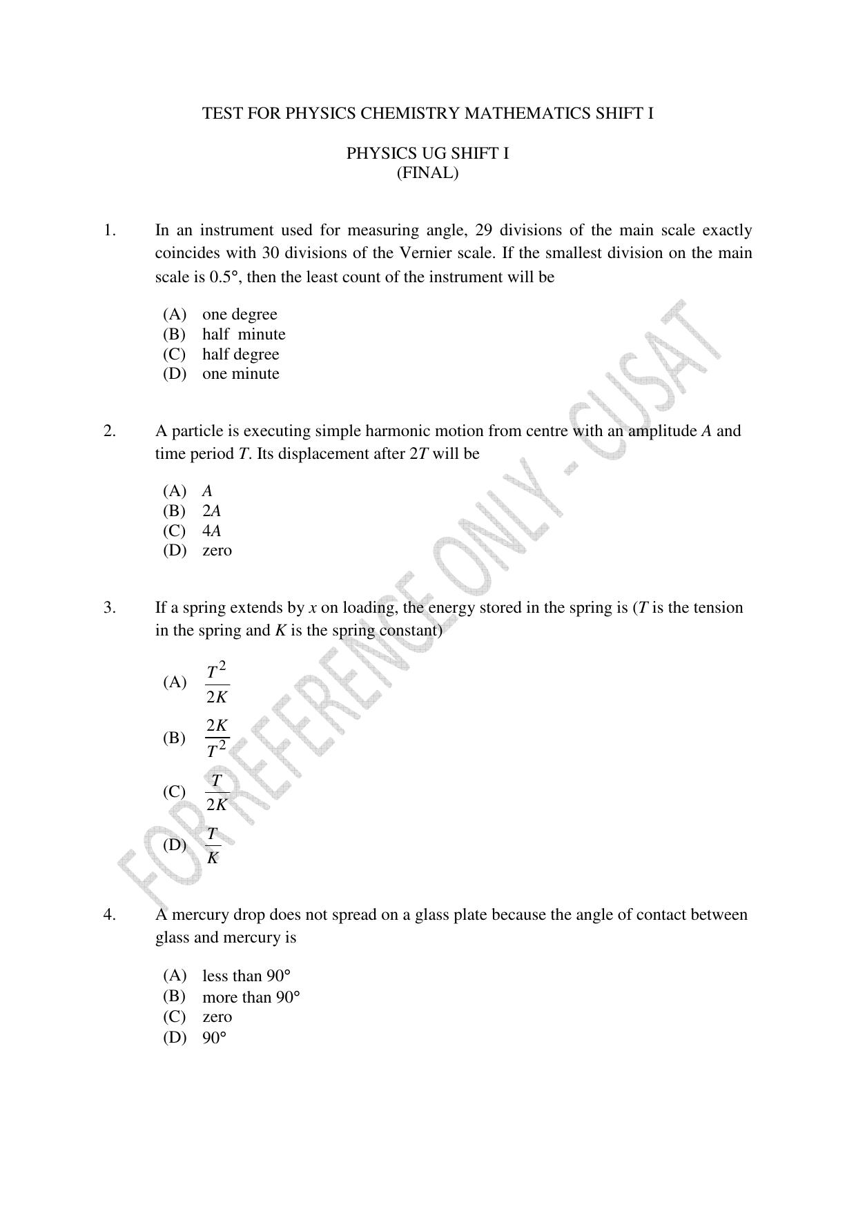 CUSAT CAT 2023 Test For Physics Chemistry Mathematics Shift I Question Paper - Page 1