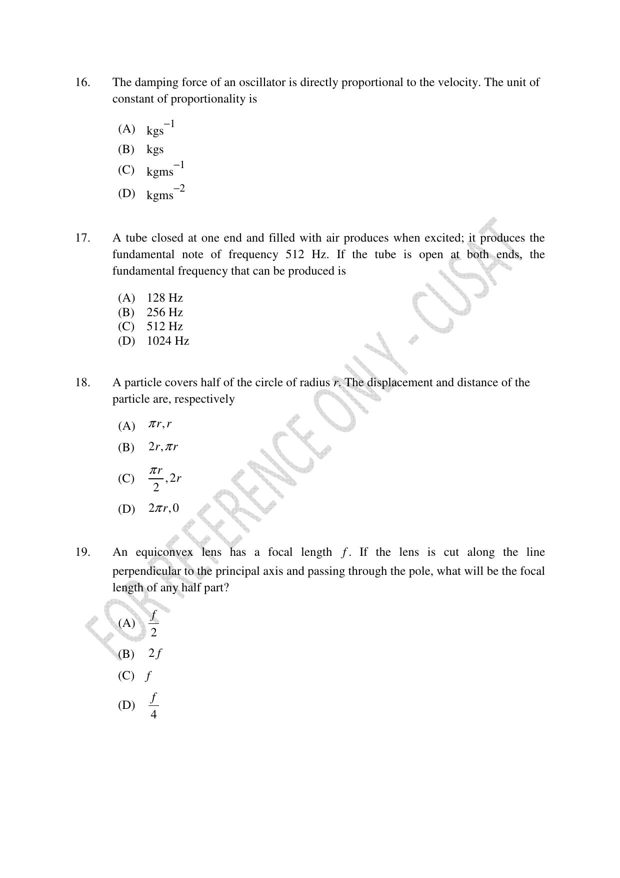 CUSAT CAT 2023 Test For Physics Chemistry Mathematics Shift I Question Paper - Page 5