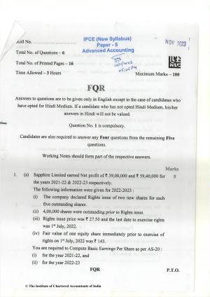 CA Inter Nov 2023 Question Paper - Paper 5 – Advanced Accounting