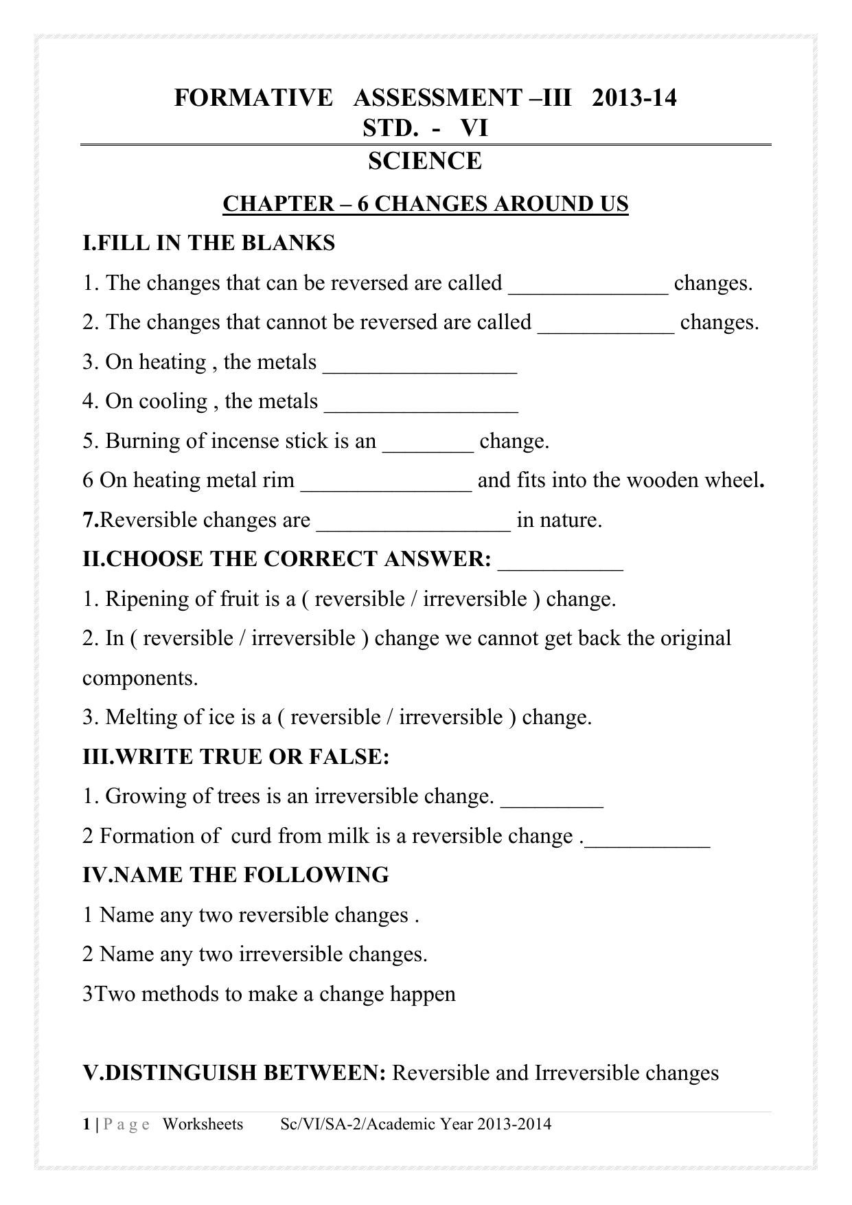 CBSE Worksheets for Class 6 Science Assignment 2 - Page 1