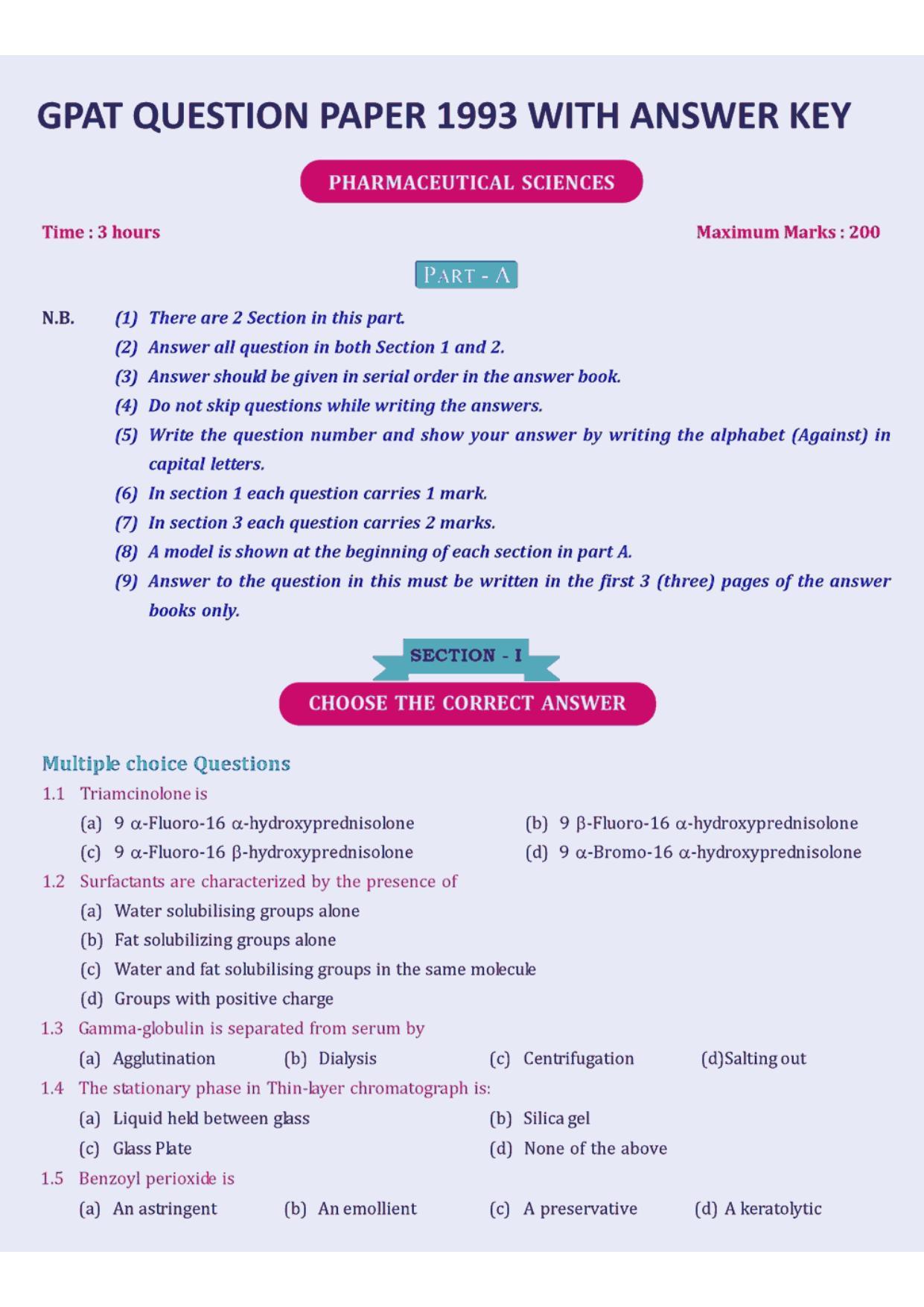 GPAT 1993 Question Paper with Answer Key - Page 1