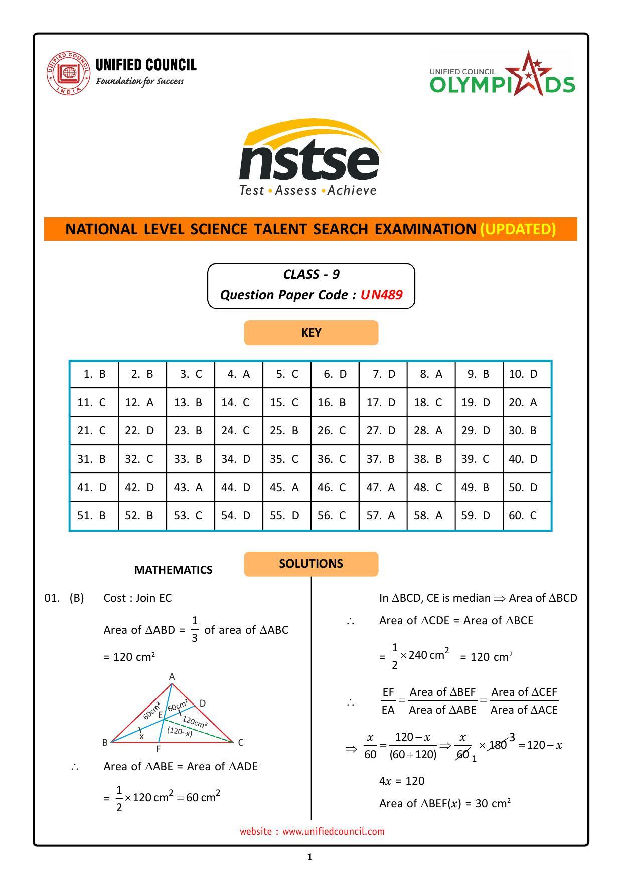 NSTSE 2023 Class 9 Answer Key (Paper Code 489) - Page 1