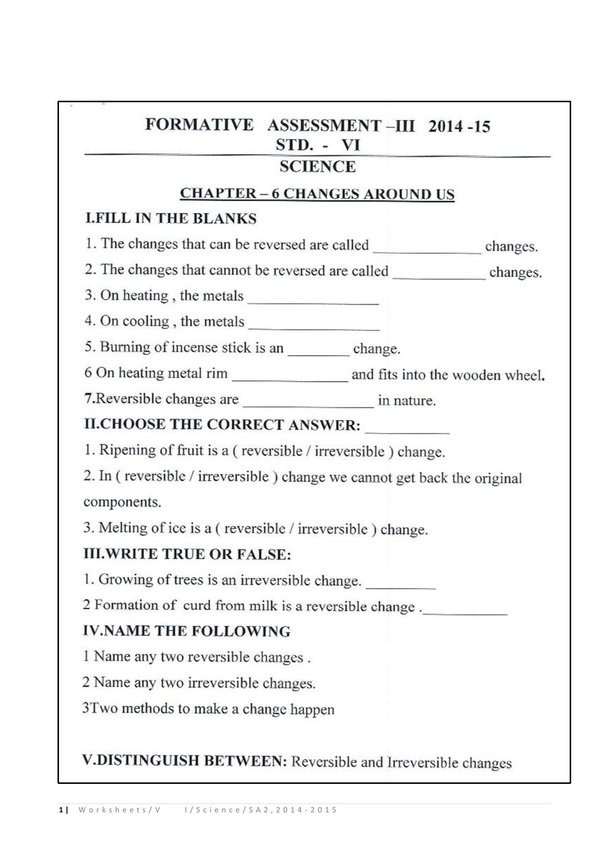 CBSE Worksheets for Class 6 Science Assignment 3 - Page 1