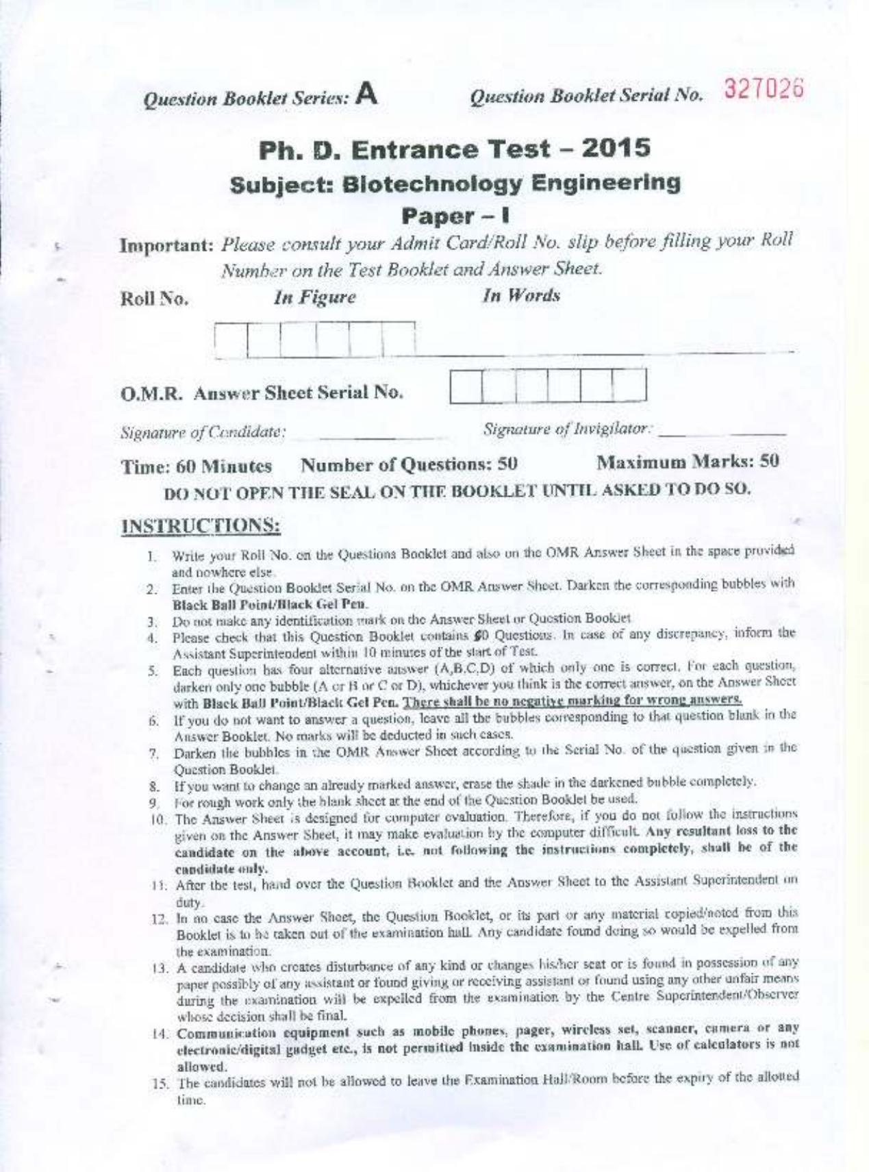 PU MPET Biotechnology Engineering 2015 Question Paper - Page 1