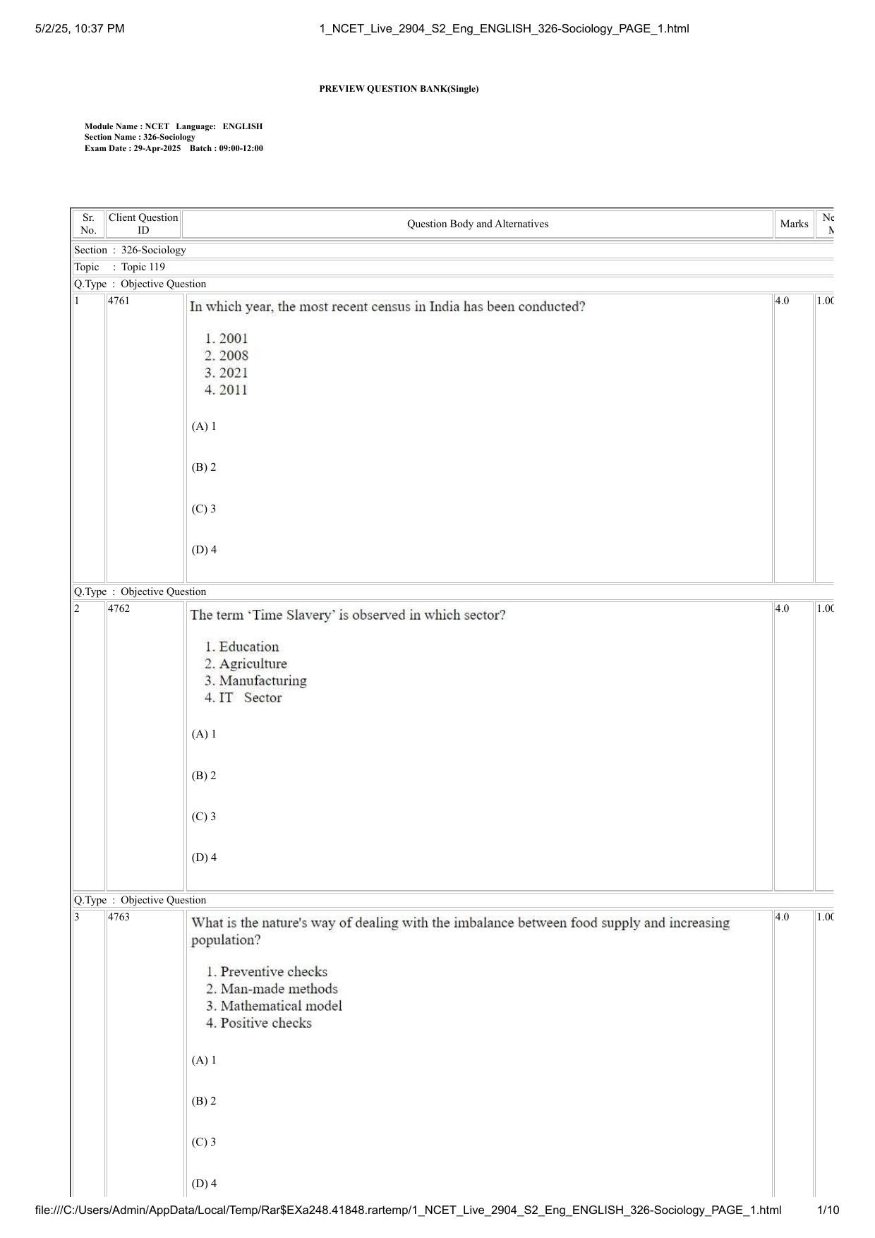 NCET 2025 Question Paper - Sociology - Page 1