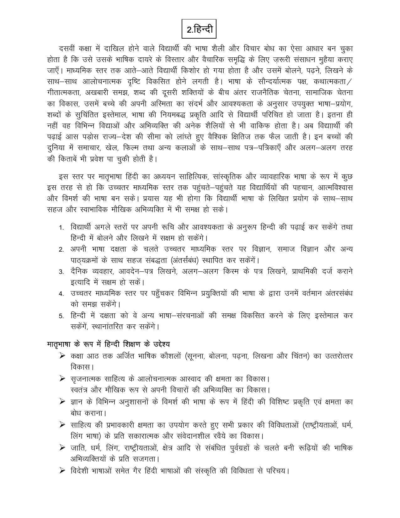 HP Board Class 10th Syllabus for Hindi - Page 1