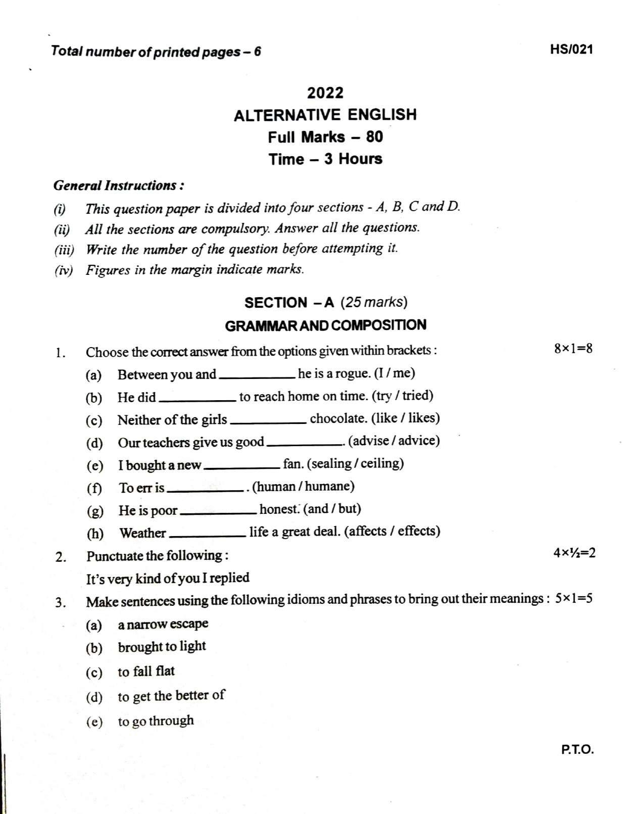 MBSE HSLC/Class 10 2022 Question Paper - Page 1