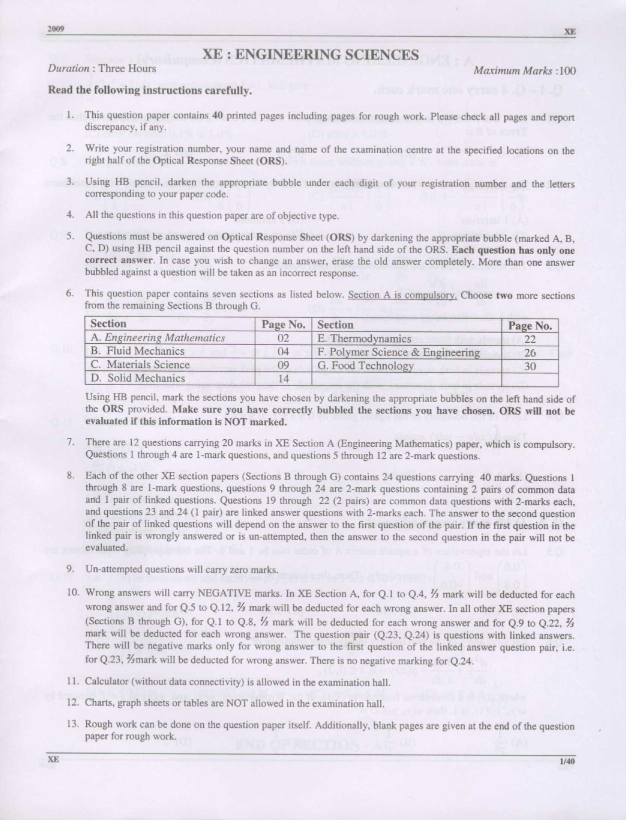 GATE 2009 Engineering Sciences (XE) Question Paper with Answer Key - Page 1