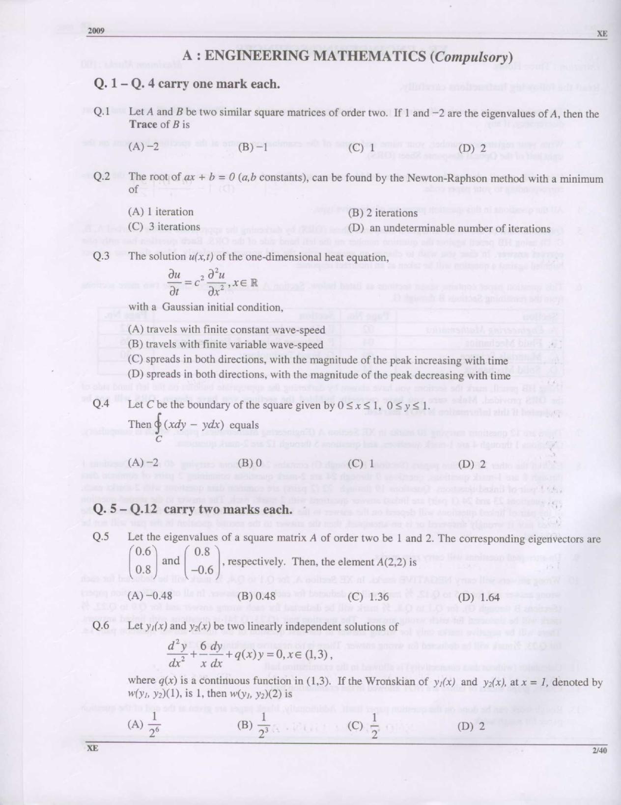 GATE 2009 Engineering Sciences (XE) Question Paper with Answer Key - Page 2