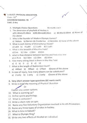 JKBOSE Class 11 Physical Education Model Question Paper