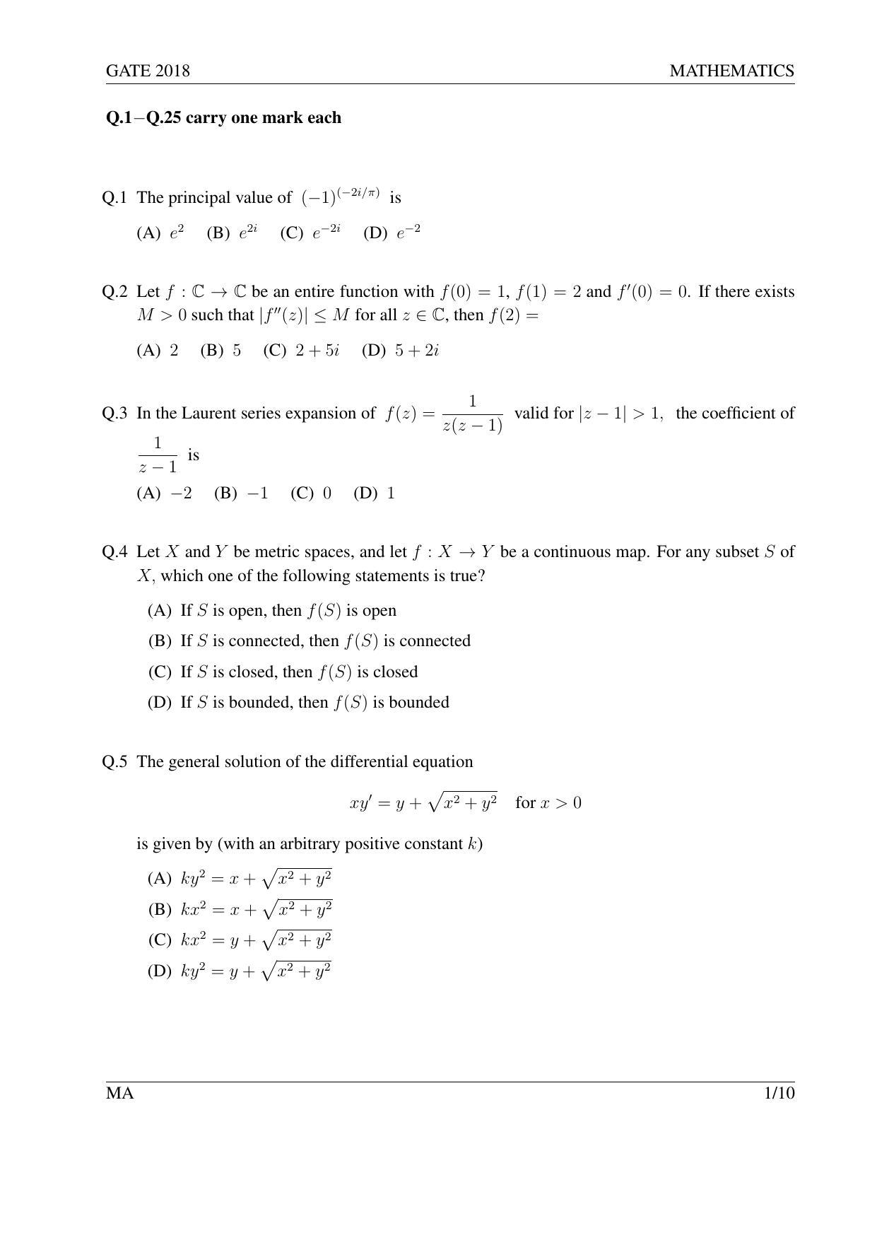 GATE 2018 Mathematics (MA) Question Paper with Answer Key - Page 4