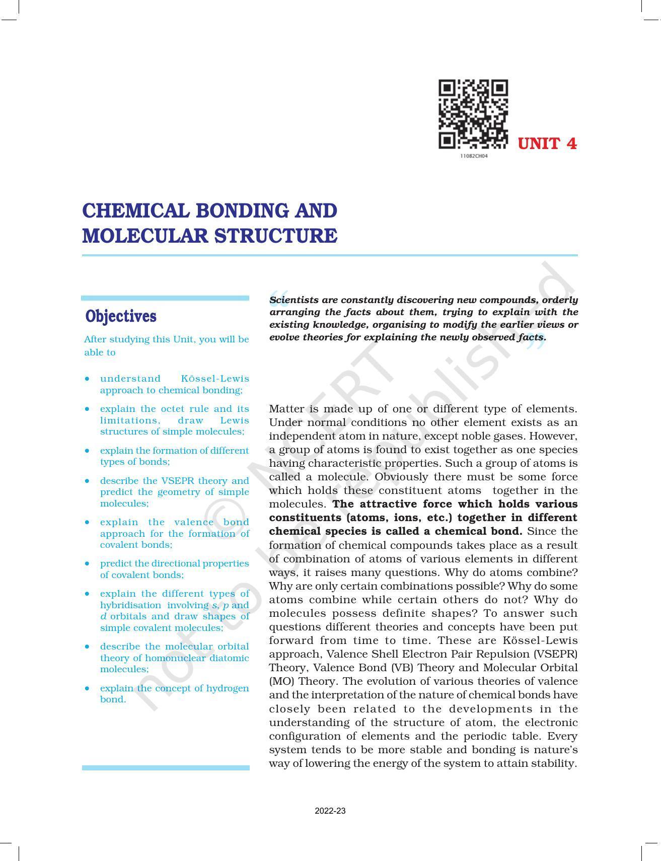 NCERT Book for Class 11 Chemistry Chapter 4 Chemical Bonding and Molecular Structure - Page 1