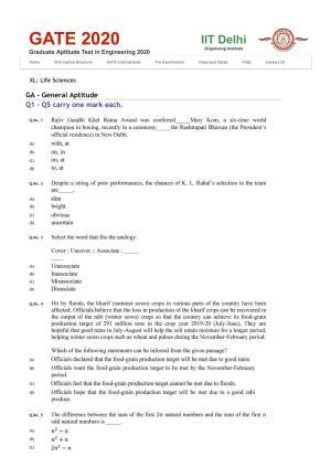 GATE 2020 Life Sciences (XL) Question Paper