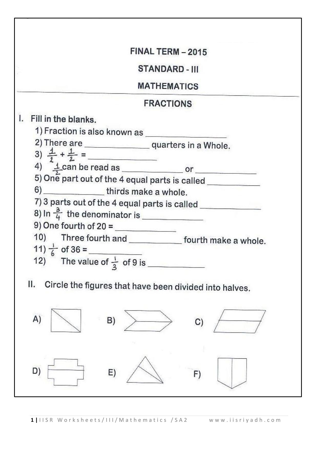 Worksheet for Class 3 Mathematics Fractions Assignment III - Page 1