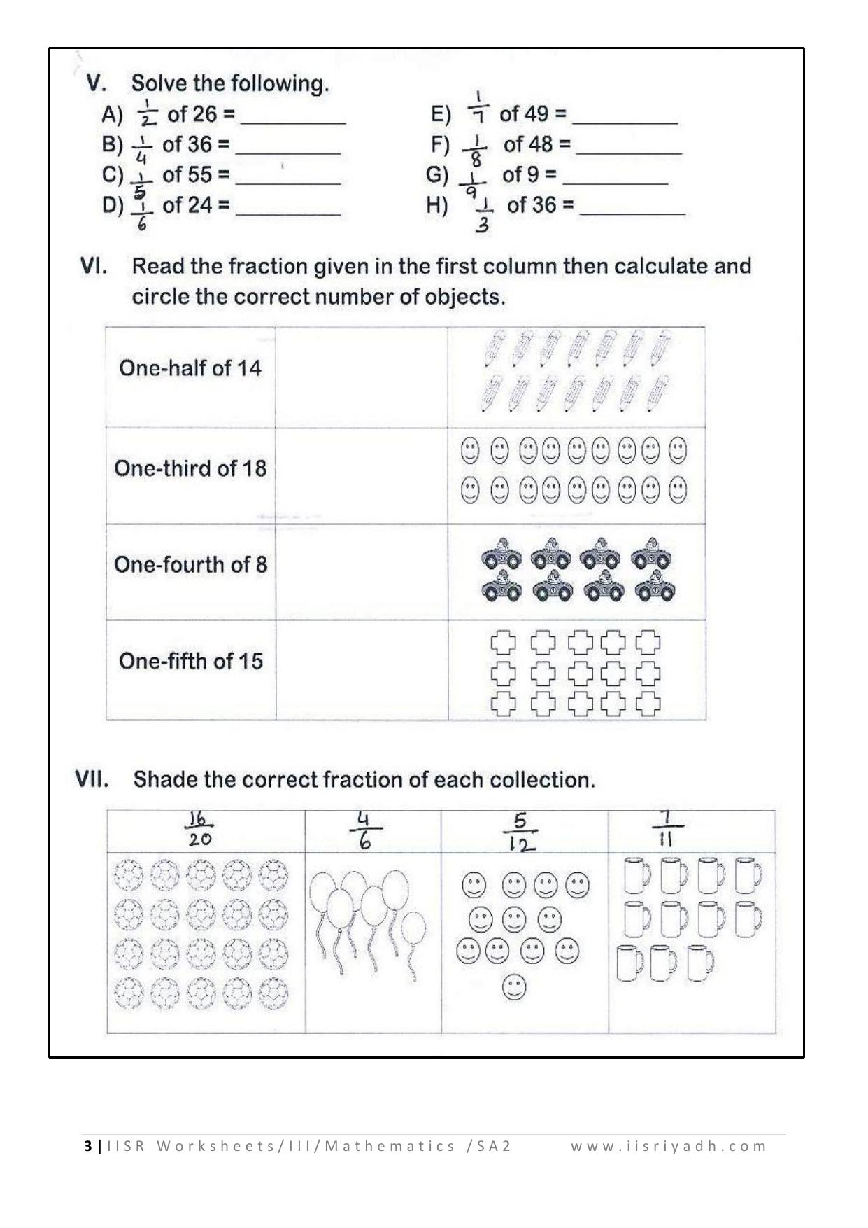 Worksheet for Class 3 Mathematics Fractions Assignment III - Page 3