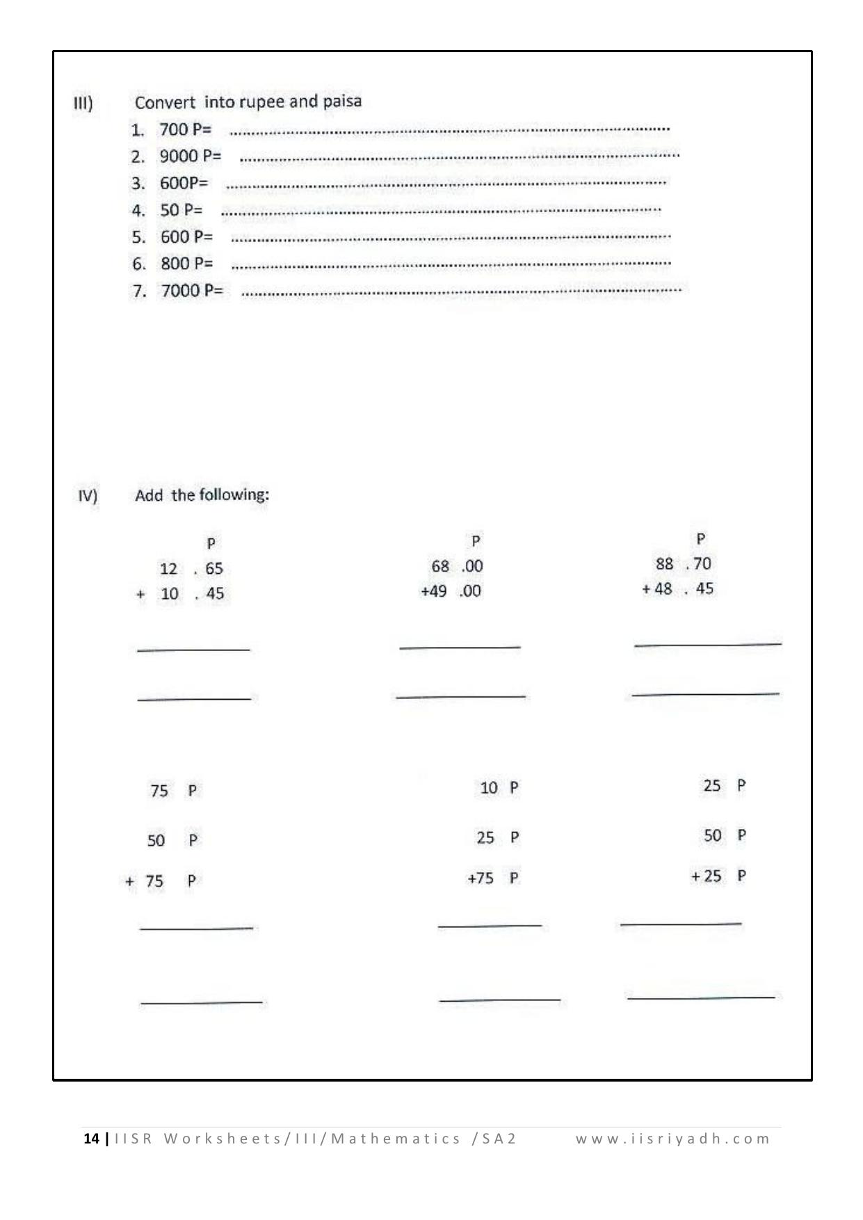 Worksheet for Class 3 Mathematics Fractions Assignment III - Page 14