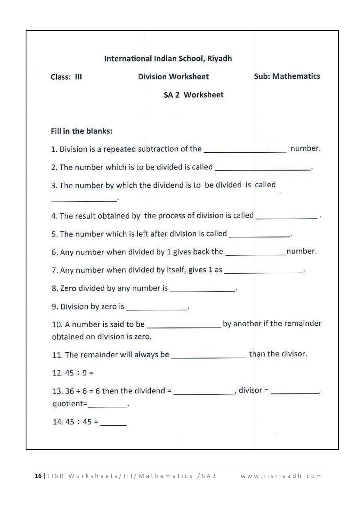 Worksheet for Class 3 Mathematics Fractions Assignment III - Page 16