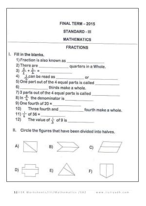 Worksheet for Class 3 Mathematics Fractions Assignment III