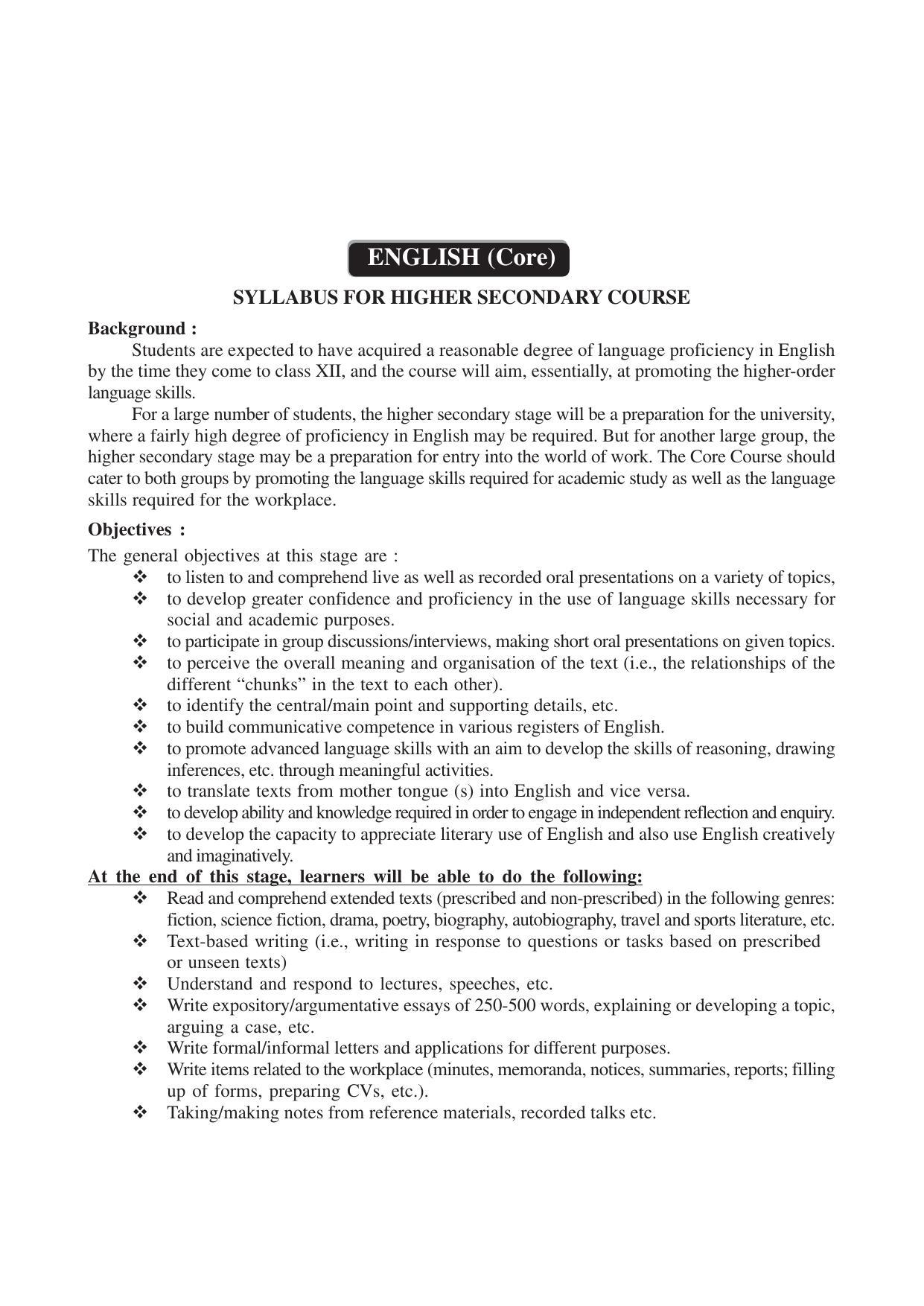 AHSEC 2nd Year English Syllabus - Page 1