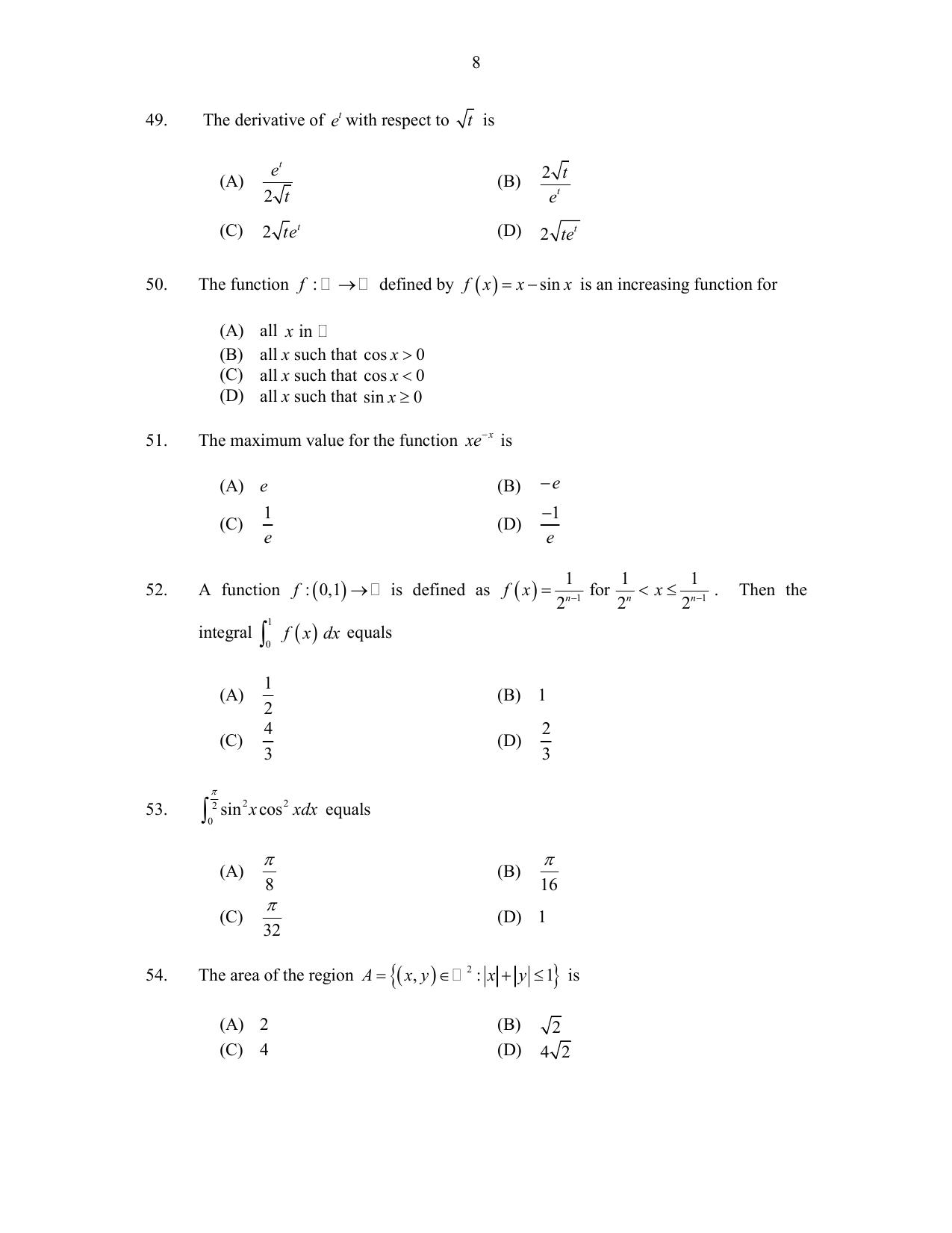 CUSAT CAT 2017 Maths Pg Question Paper - Page 8