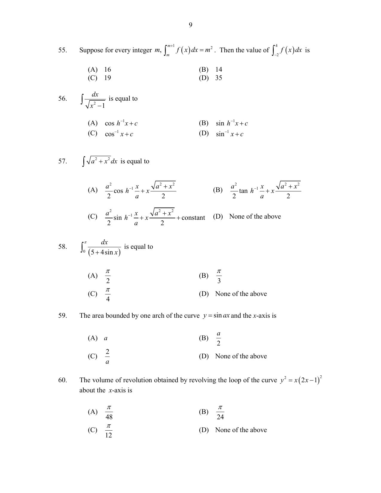 CUSAT CAT 2017 Maths Pg Question Paper - Page 9