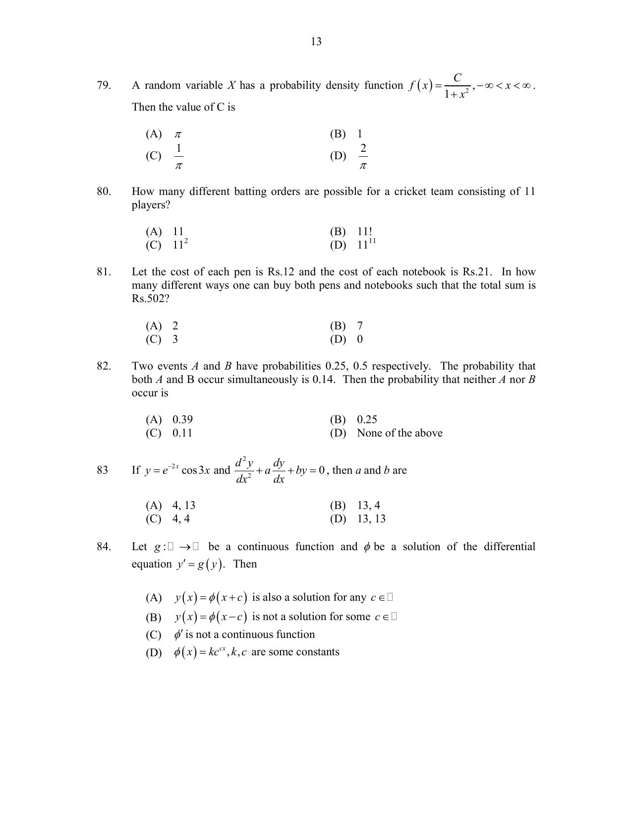 CUSAT CAT 2017 Maths Pg Question Paper - Page 13