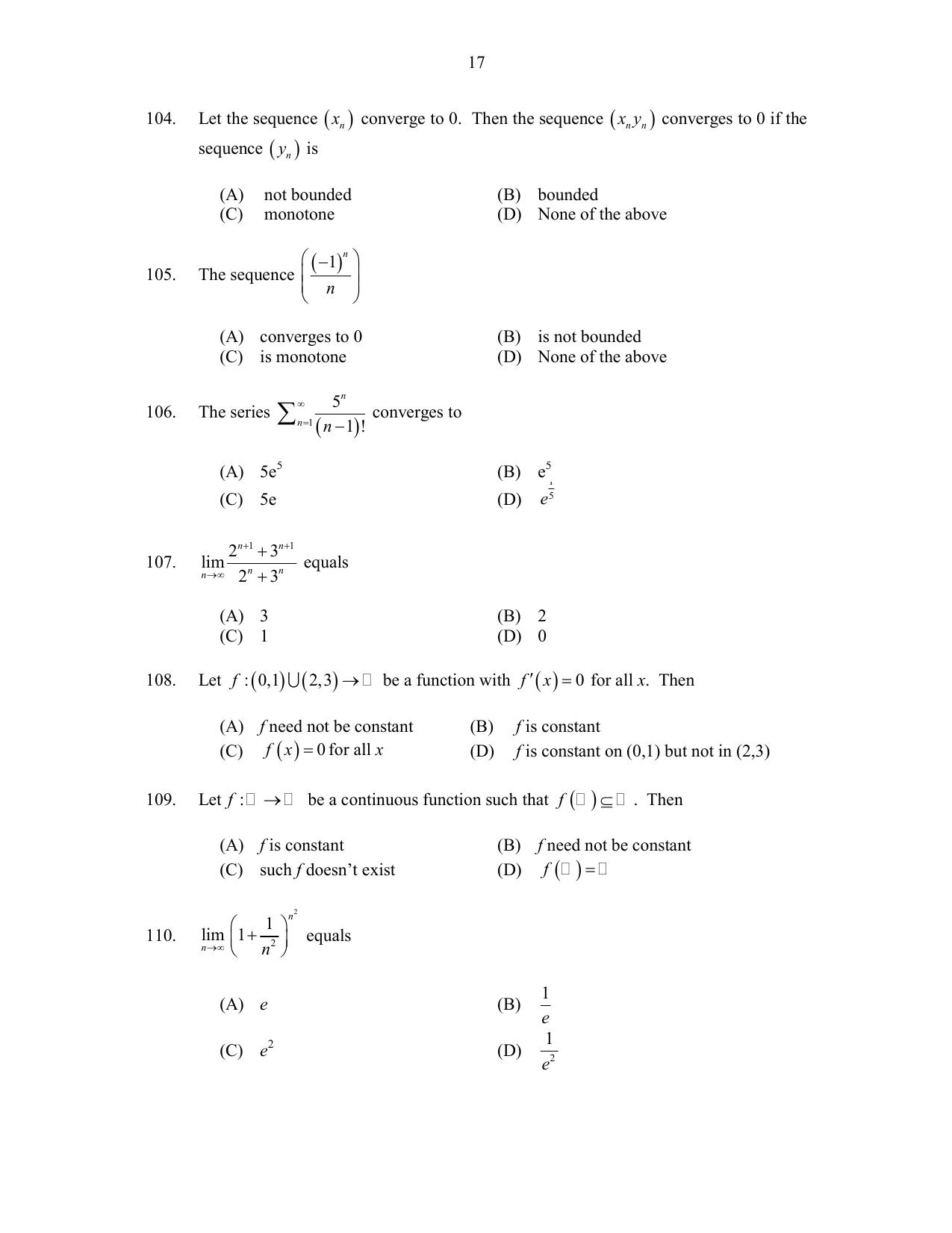 CUSAT CAT 2017 Maths Pg Question Paper - Page 17