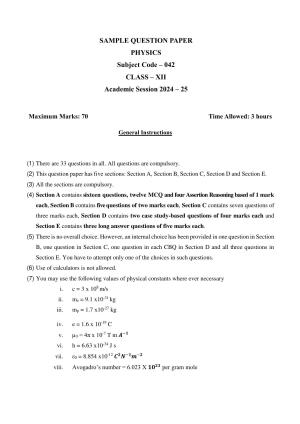 CBSE Class 12 Physics Sample Question Paper 2024-25