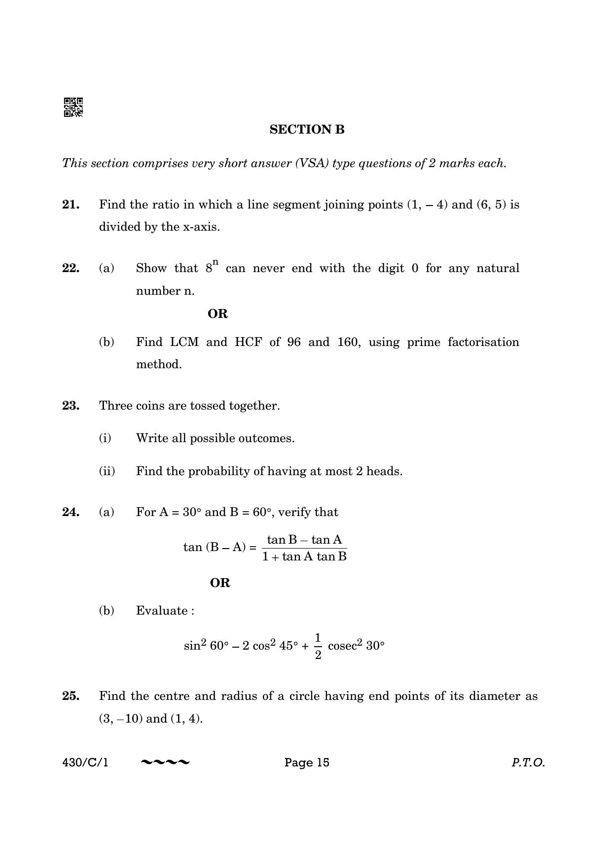 CBSE Class 10 430-1 Maths Basic 2023 (Compartment) Question Paper - Page 15