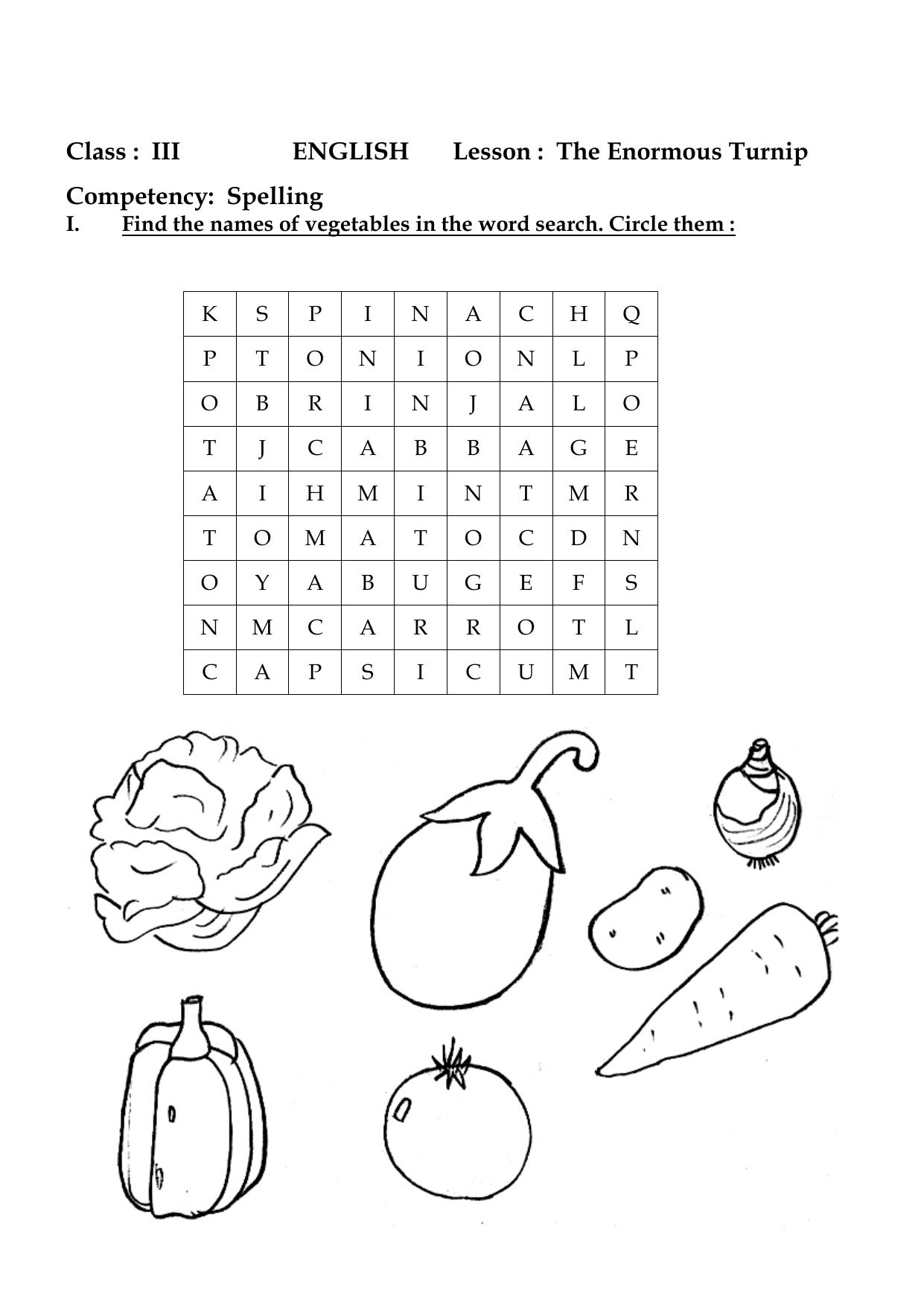 Worksheet for Class 3 English The Enormous Turnio Assignment - Page 1
