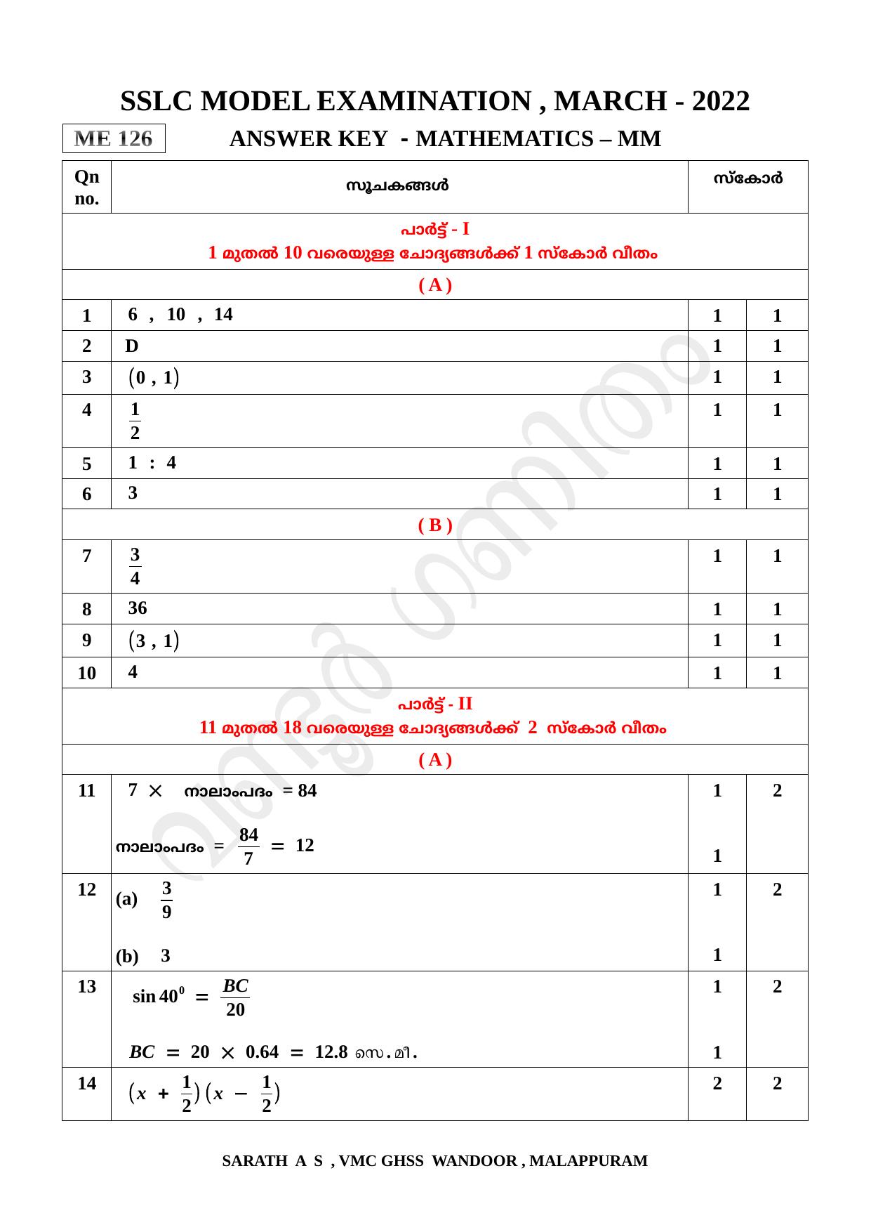 Kerala SSLC 2022 Maths Answer Key (MM) (Model) - Page 1
