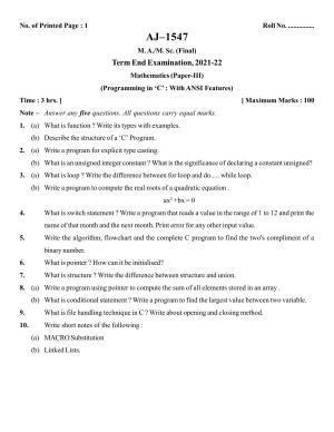 Bilaspur University Question Paper 2021-2022:M.Sc (Final) Mathematics Programming In C With ANSI Features Paper 1