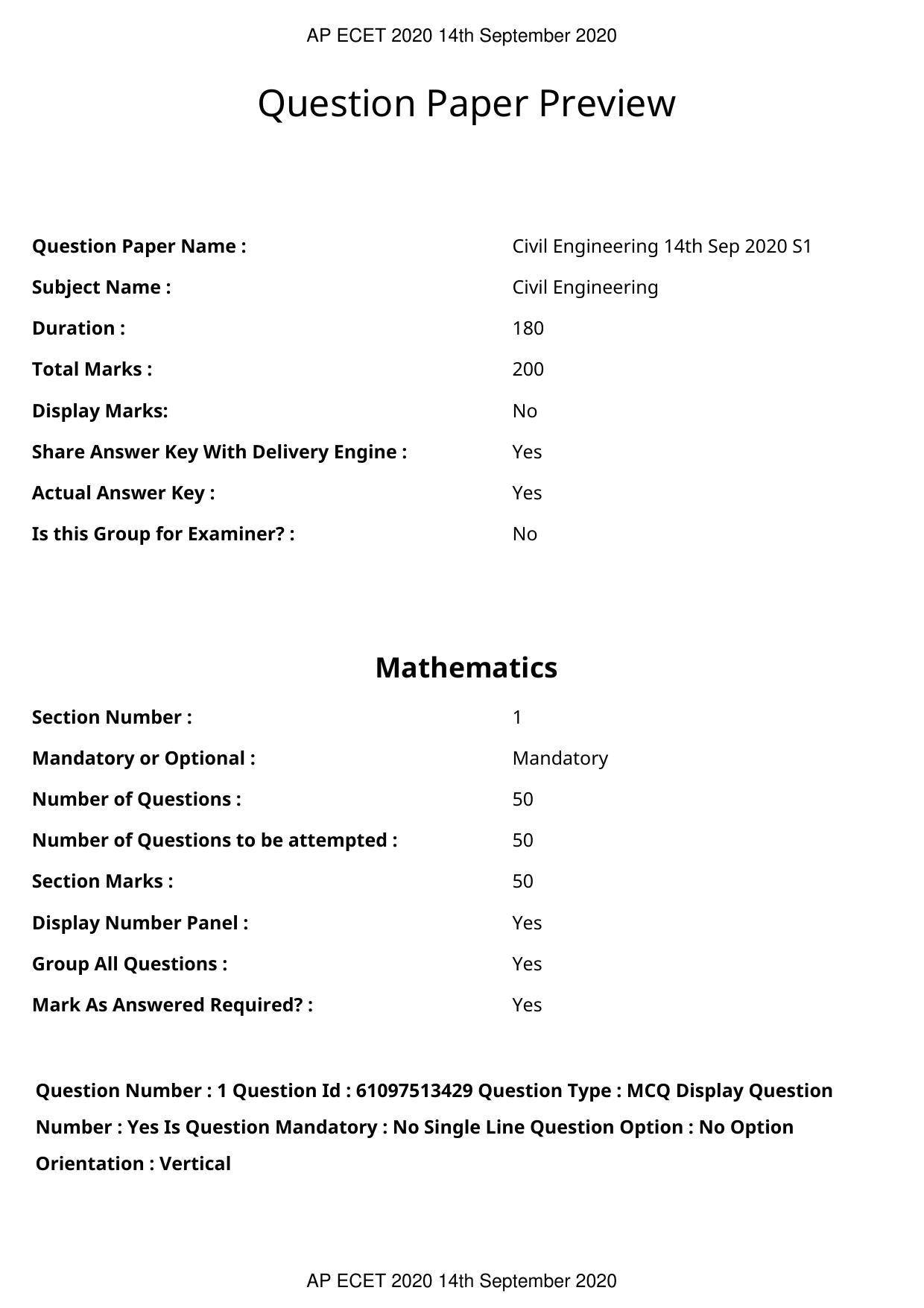 AP ECET 2020 - Civil Engineering (Preview) Question Paper With Preliminary Keys - Page 1