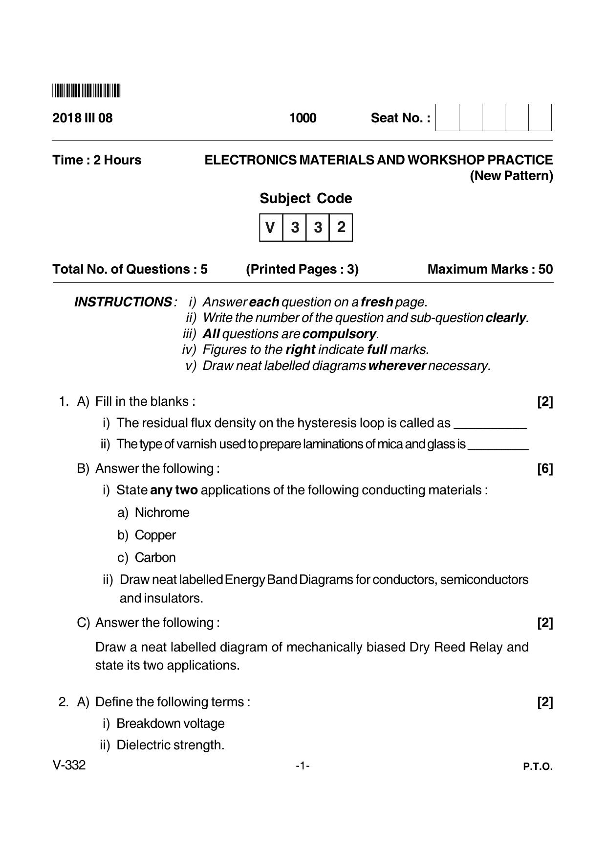 Goa Board Class 12 Electronic Material & Workshop Practice  Voc 332 New Pattern (March 2018) Question Paper - Page 1